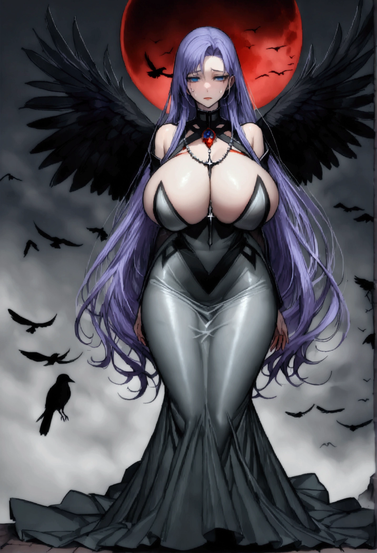 長い髪のbeautifulアニメ風の美女, (((Purple-blue hair)))Long Hair,(((Highest quality)))Transparent Hair,Face of Sadness,(((blue eyes)))A beautiful woman filled with sorrow,(((A well-defined, glamorous body)))((Huge bust))Tight waist,(((Black and grey radical dress))),(((Radical Clergy)))Chaotic clothes,Rosary(((beautiful)))Oily skin,(((Glossy feel)))Full Body Shot,Crow,(((background)))dead tree,fog,Red Moon,Mysterious flower,Graveyard of Darkness。