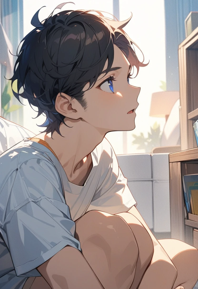masterpiece, best quality, extremely detailed, ultra detailed, flat anime, 2D,
((1boy)),black hair, (short hair:1.5),blue eyes, height 1.7meters, (circle eyes:1.2), (young adult:1.2), Ear-length sideburns,
long Sleeves, White T-shirt, barefoot,
squatting, looking away, expressionless,open mouth, portrait,from side, close up face,
summer, 12AM, livingroom,organizing the boxes., I'm looking at the material in my hand.