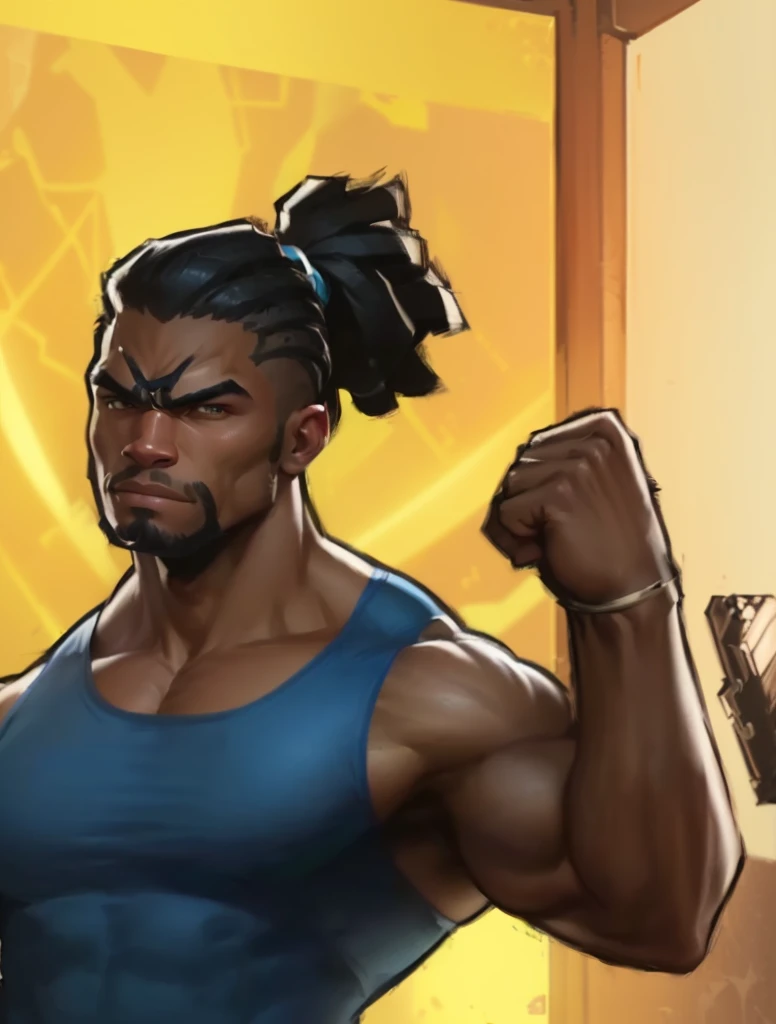 cartoon of a man with a ponytail and a blue shirt, buff man, very buff, doomfist, super buff and cool, muscular characters, muscular! cyberpunk, doomfist from overwatch, heavy gesture style closeup, muscular!, big arms, buff painting, heavy looking, muscular character, beefcake pose, big muscles, big biceps, muscular male hero, showing off his muscles