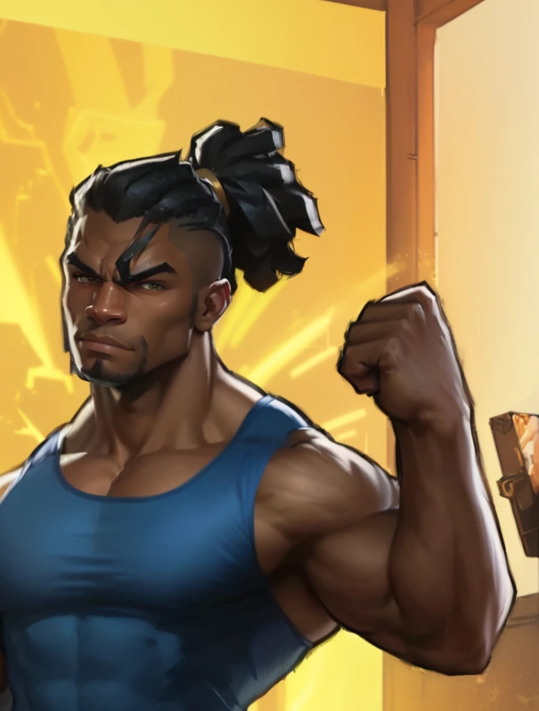 cartoon of a man with a ponytail and a blue shirt, buff man, very buff, doomfist, super buff and cool, muscular characters, muscular! cyberpunk, doomfist from overwatch, heavy gesture style closeup, muscular!, big arms, buff painting, heavy looking, muscular character, beefcake pose, big muscles, big biceps, muscular male hero, showing off his muscles