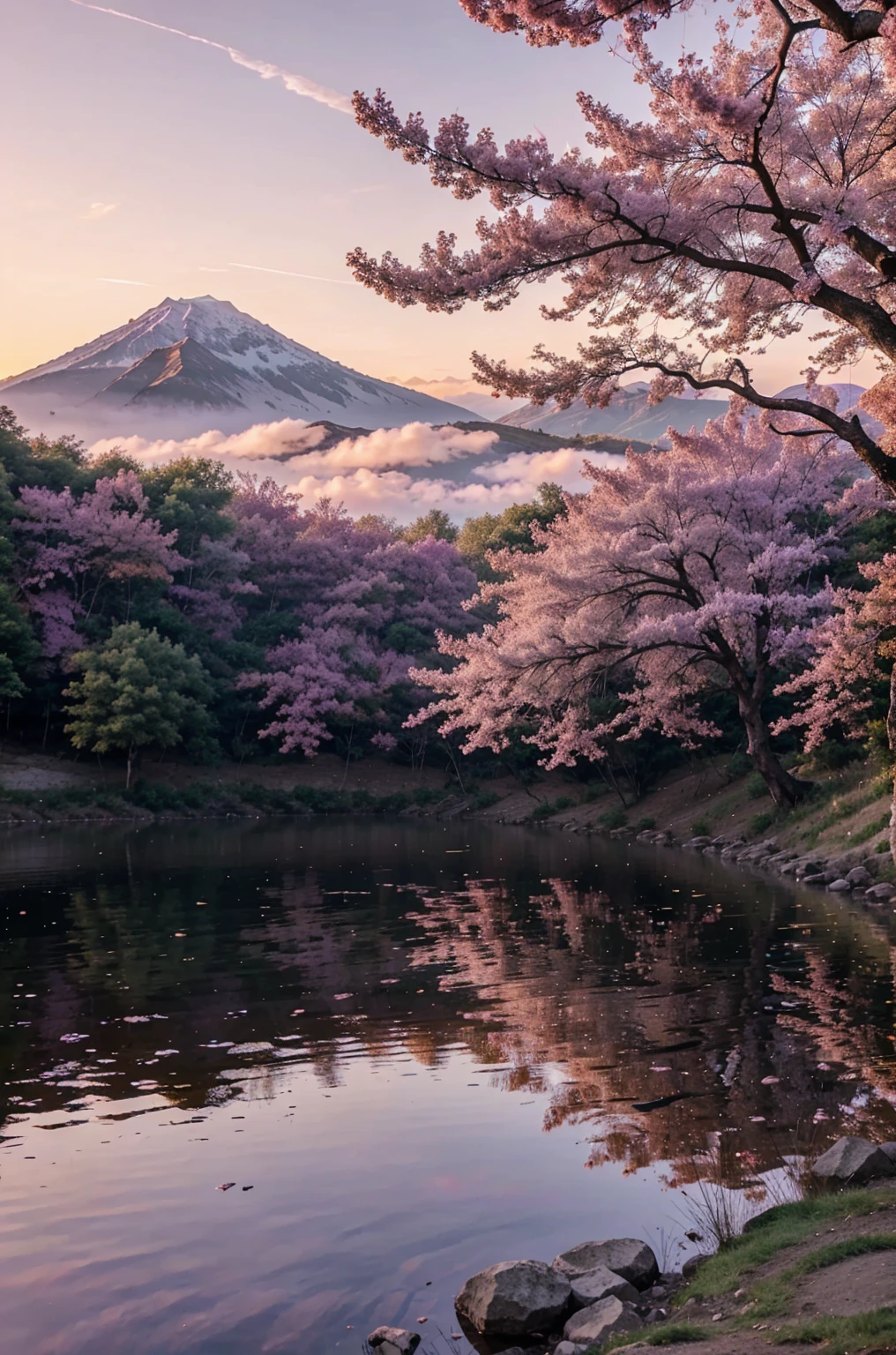 Make a purple sun behind the mountain and make the sky pink