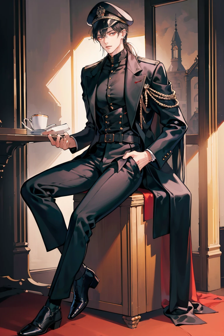 (masterpiece), best quality, seductive eyes, perfect face, handsome man, black eyes, long slicked back black hair, long nose, tan brown skin, black coat, black fitted pants, extremely tall man, long legs, long calves, full body, tall man, long legs, anime cover, ear piercings, hands in pockets, adult-like look, cafe background, a girl is in his left side, 1girl, perfect face, best quality, seductive eyes, mature woman, red eyes, long white hair, black business suit, black pants, peaked cap, big breast, tall woman, long legs, anime cover
