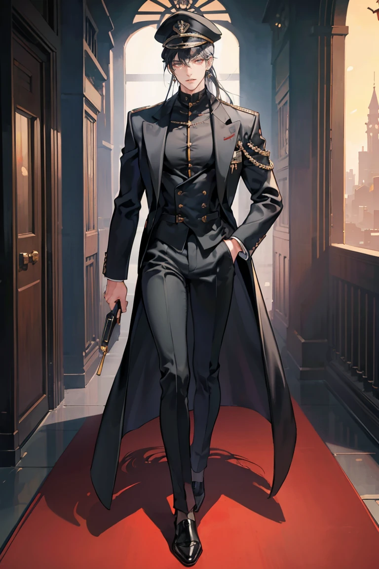 (masterpiece), best quality, seductive eyes, perfect face, handsome man, black eyes, long slicked back black hair, long nose, tan brown skin, black coat, black fitted pants, extremely tall man, long legs, long calves, full body, tall man, long legs, anime cover, ear piercings, hands in pockets, adult-like look, cafe background, a girl is in his left side, 1girl, perfect face, best quality, seductive eyes, mature woman, red eyes, long white hair, black business suit, black pants, peaked cap, big breast, tall woman, long legs, anime cover