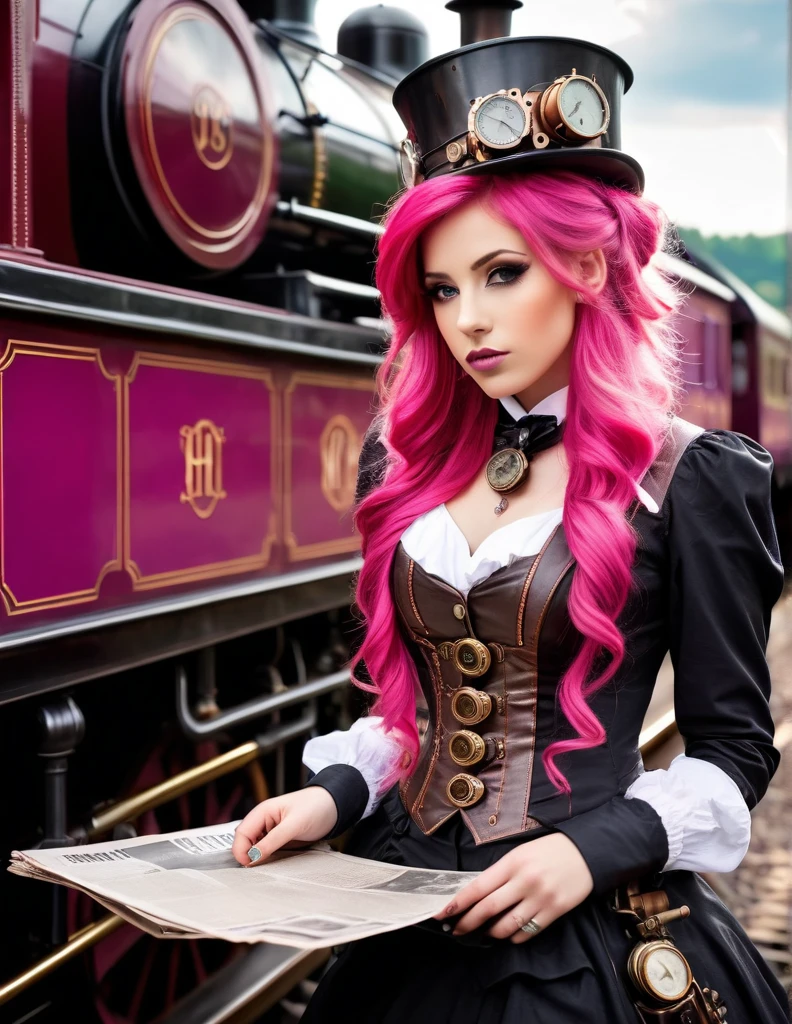 very attractive 25 year old girl with long bright pink hair (realistic photo), steampunk, young female, __appearance/hair__, decorated outfit, steam train, waiting platform, newspaper, __time__, skin texture, (best quality, absurdres)