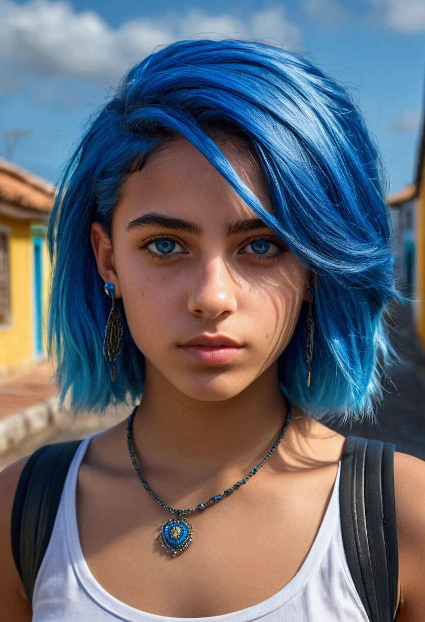 A photorealistic portrait of an 18-year-old Brazilian girles confidently into the distance with striking blue hair, piercing blue eyes, and a, fashionable outfit. The image should be a close-up shot, focusing on her unique features, 8k hdr, high detailed, with subtle hints of her Brazilian heritage incorporated in the background.