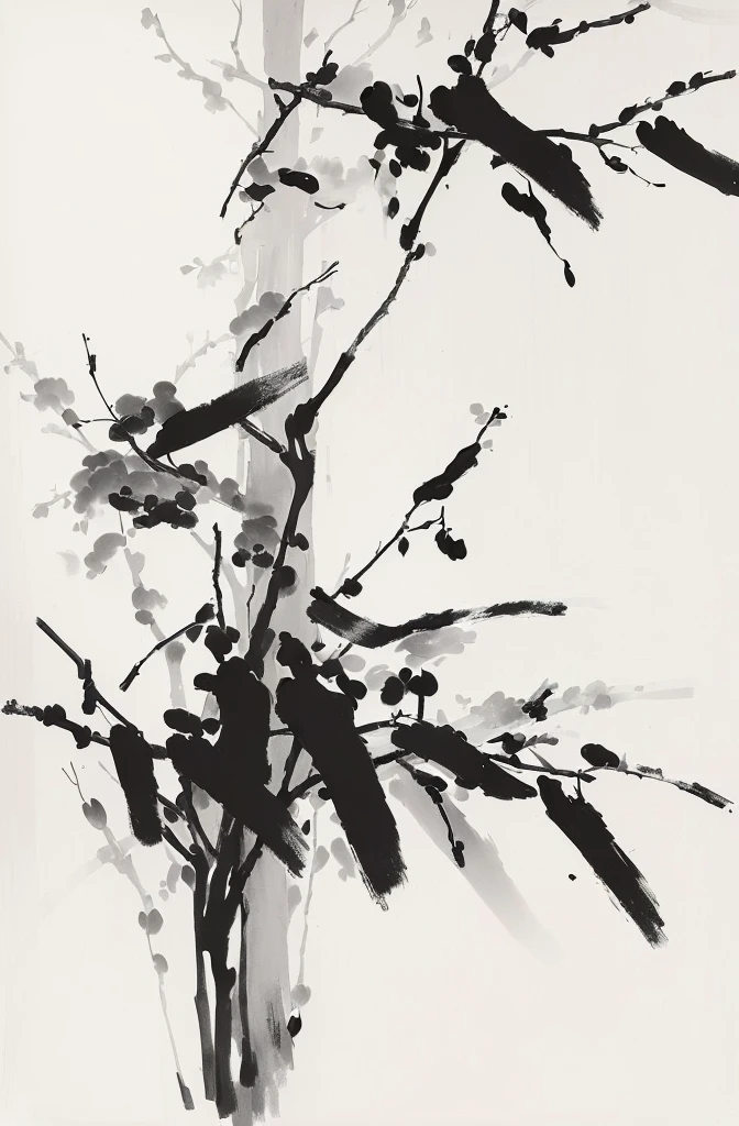 There is a black and white painting，The painting shows a bird on a tree, inspired by Wu Changshuo, Ink Painting style, Ink style, Ink Painting art, black ink painting, Inspired by Qi Baishi, Ink Painting, Ink Painting, Inspired by Dong Qichang, Qi Baishi style, Ink Painting lighting style, Ink on paper