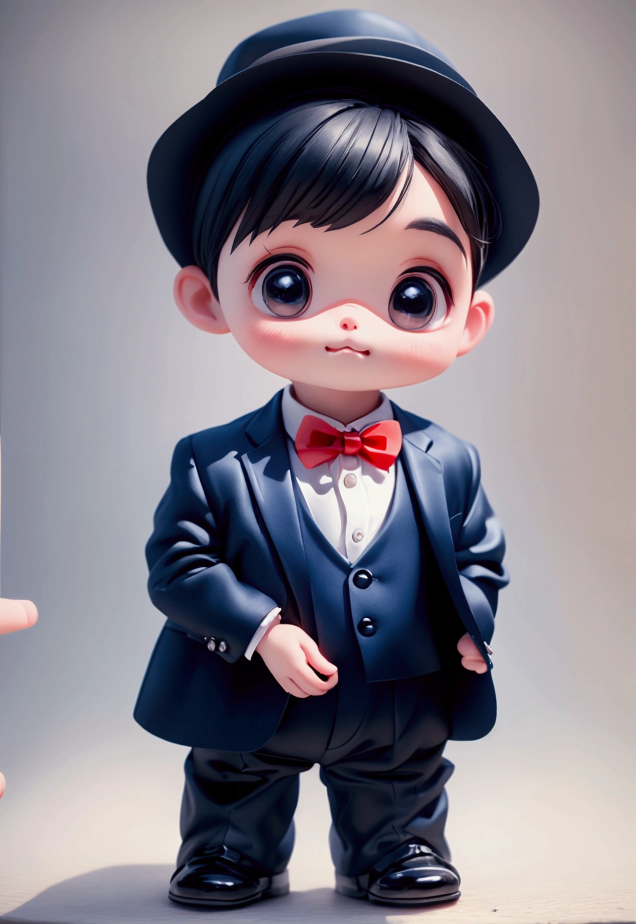 Kitten standing like a human, Wearing a dark blue tuxedo,Wearing a dark blue silk hat,Wearing a red bow tie、 Lovely, small, , Big Head, Very detailedイラスト, (best quality), (masterpiece:1.3), (photoPractical:1.36), (Practical), Very detailed