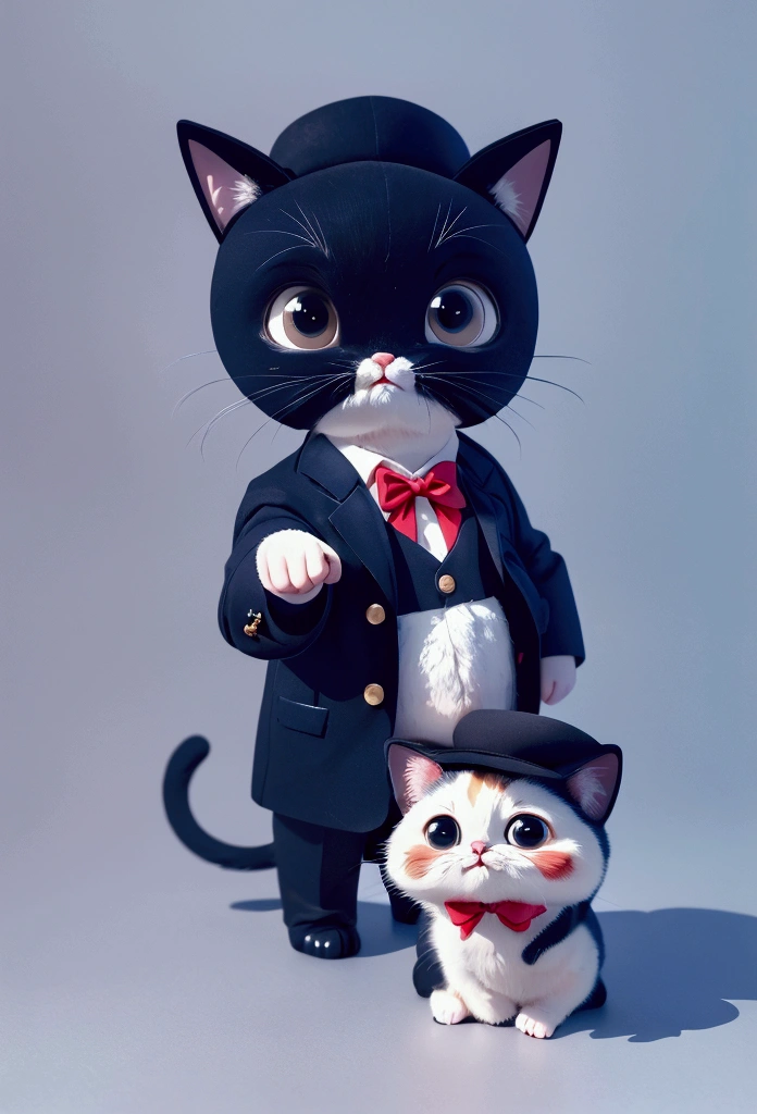Kitten standing like a human, Wearing a dark blue tuxedo,Wearing a dark blue silk hat,Wearing a red bow tie、 Lovely, small, , Big Head, Very detailedイラスト, (best quality), (masterpiece:1.3), (photoPractical:1.36), (Practical), Very detailed