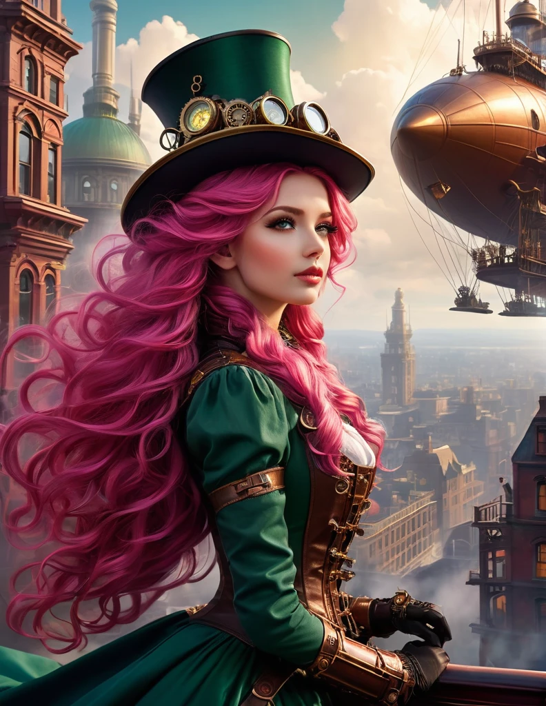very attractive 25 year old girl with long bright pink hair In the heart of a bustling, steampunk cityscape, where Victorian-era elegance melded with futuristic technology, a lone girl named Morgan stood proudly atop a towering airship, her long, curly hair cascading down her back in tendrils, adorned with delicate filigree brooches that twinkled like stars. Clad in an exquisite gown crafted from gleaming copper and brass, intricately woven with cogs and gears, her outfit shimmered in the fading light, reflecting the city's ever-spinning machinery. Her eyes, a striking emerald green, gleamed with intelligence and determination as she gazed out across the city below, her long hair swaying gently in the breeze. A top hat perched precariously atop her head, its brim adorned with a feather fan that fluttered gently in the wind. Her pose was one of confidence and strength, a testament to her role as captain of this magnificent airship, and yet there was a hint of vulnerability in the slight tilt of her head and the soft curve of her lips, suggesting a deeper, more personal story hidden beneath her steely exterior. The sun dipped lower, casting the city in hues of gold and crimson, as the airship continued its journey through the sky, leaving a trail of steam behind it like a ghostly apparition, a symbol of progress amidst the chaos of this extraordinary world.