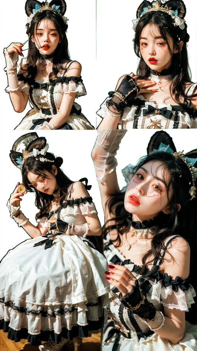 A black ribbon was tied around her neck tightly, And hung her in the air, Suffocation made her struggle painfully, The neck is red。Drooling in the mouth, Sticking out tongue, Her hands were tied with ribbons, The right ankle is tied with a black ribbon, Pull it downward and to the right, No shoe on left foot, black hair, drill hair, twin drills, crossed bangs, hair ribbon, blue hairband, raised eyebrows, one eye closed, streaming tears, bloodshot eyes, covering ears, scared, turn pale, moaning, drooling, anger vein, drop shadow, move chart, multiple views, masterpiece, UHD, UHD, textured skin
