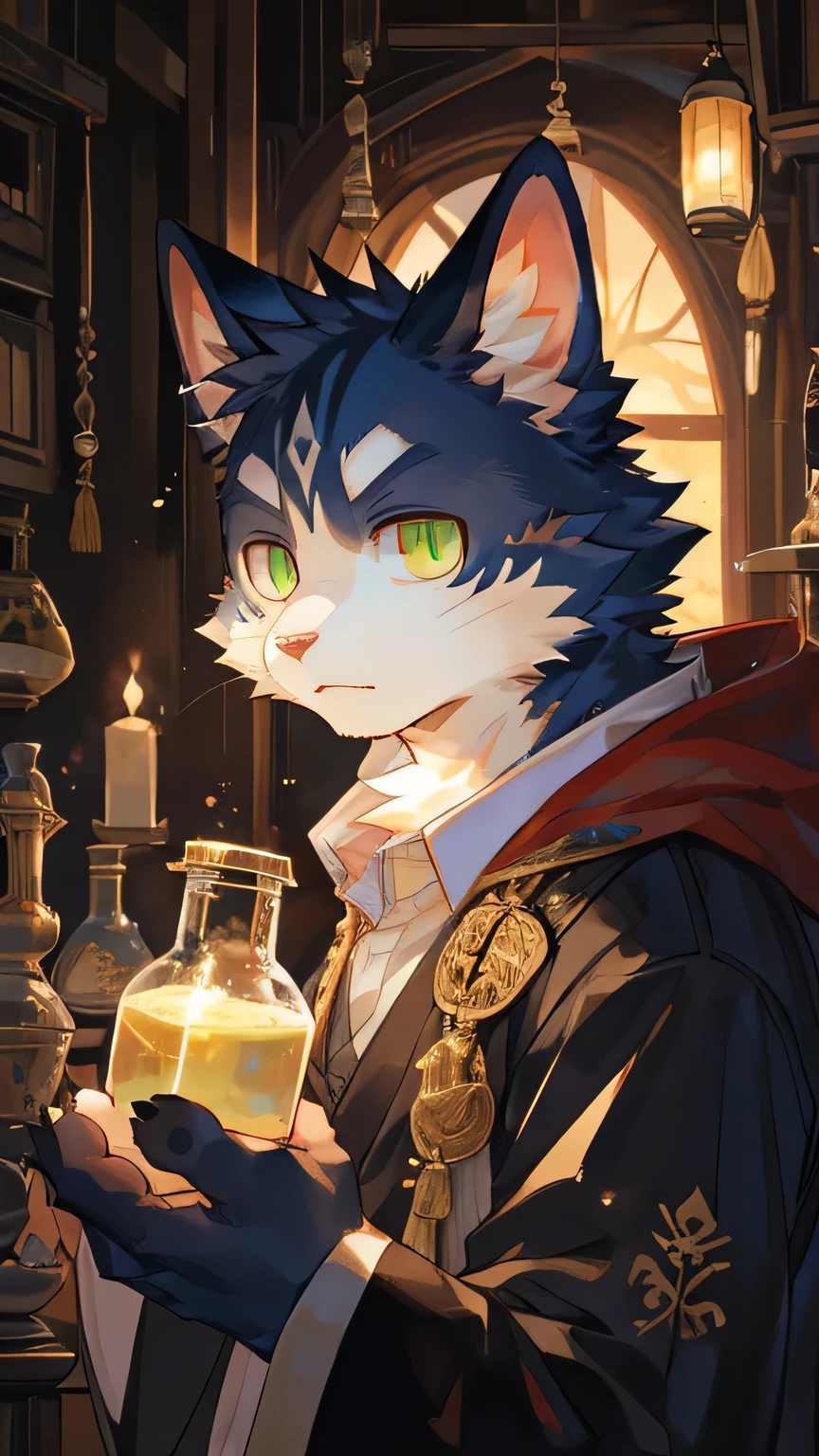 masterpiece，high quality，perfect anatomy，furry，anthro cat，black cat，male， niji5，green pupils，bright eyes，detailed face，holding the magic potion，by kiyosan，close up face