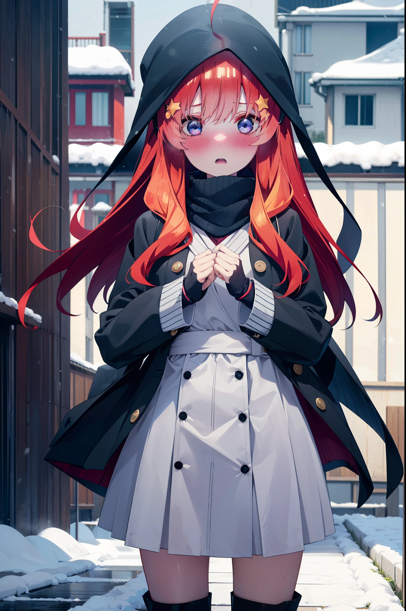 itsukinakano, Itsuki Nakano, bangs, blue eyes, Hair between the eyes, Ahoge, Redhead, star \(symbol\), hair ornaments, star hair ornaments,blush, Open your mouth,white breath,scarf,Headphones around the neck,Knitted hat,Blue long coat,V-neck sweater,Long skirt,Black Pantyhose,short boots,Fluffy gloves,Standing leaning against a wall,Snow is piling up,that&#39;it&#39;s snowing,whole bodyがイラスト入るように,Hiding in a roofed building,
break outdoors, construction area,
break looking at viewer, whole body,
break (masterpiece:1.2), Highest quality, High resolution, unity 8k wallpaper, (shape:0.8), (Beautiful attention to detail:1.6), Highly detailed face, Perfect lighting, Extremely detailed CG, (Perfect hands, Perfect Anatomy),