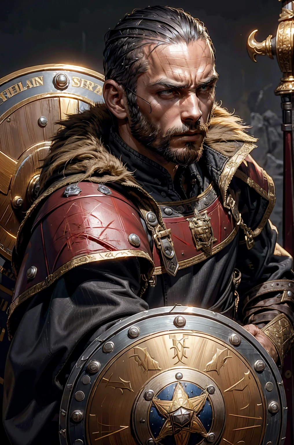 Short military buzz cut hair. A man with Dark-hair, muscular, with a fierce severe serious expression on his face, a five-o-clock shadow of a beard on his face. He's a soldier in red gold and silver armor with a kite shield with an emblem of a sword with a sunburst behind it on a red background. With a golden lion pauldron on one shoulder