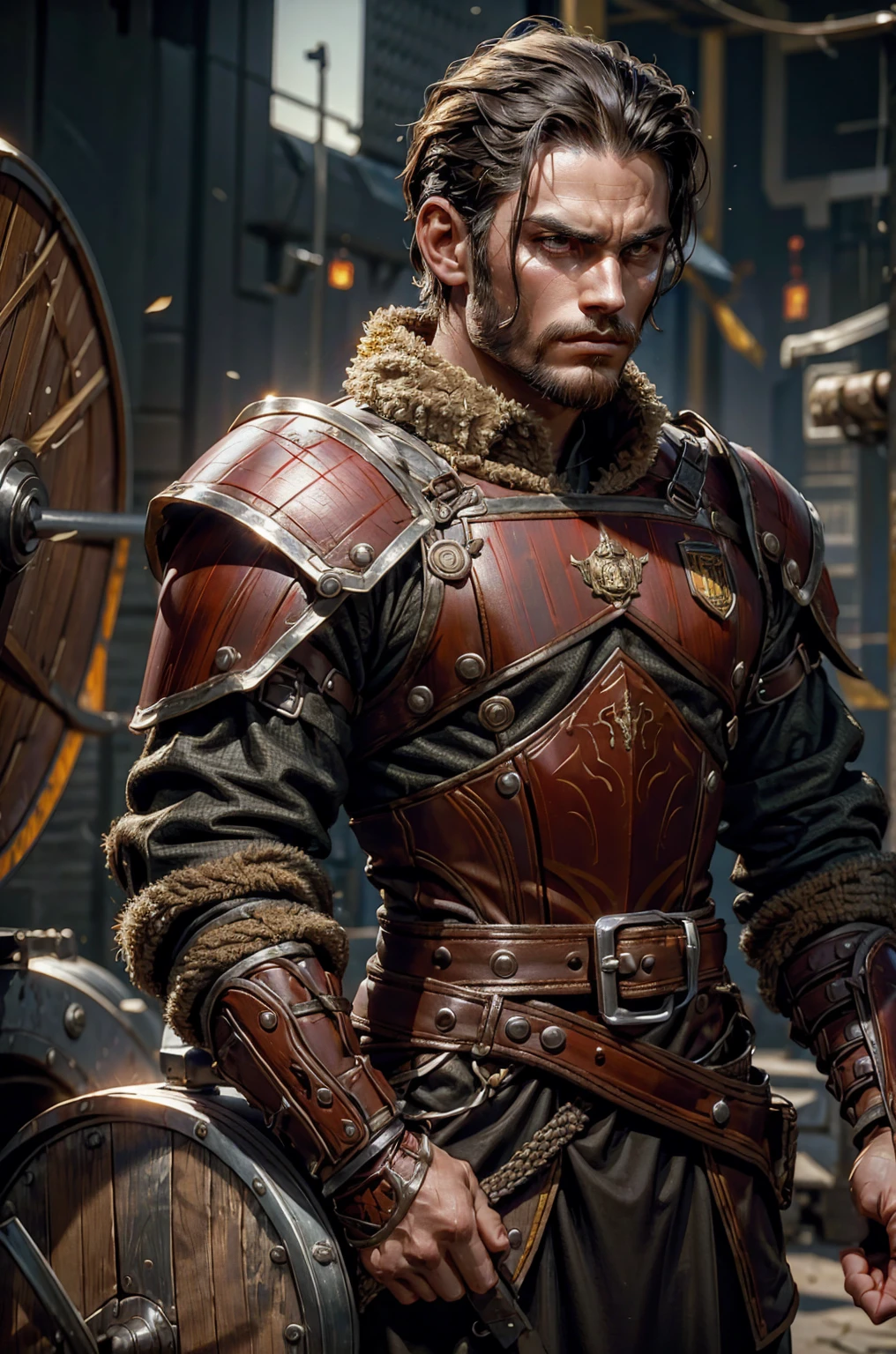 Short military buzz cut hair. A man with Dark-hair, muscular, with a fierce severe serious expression on his face, a five-o-clock shadow of a beard on his face. He's a soldier in red gold and silver armor with a shield with an emblem of a sword with a sunbursting behind it on a red background. With a golden lion pauldron on one shoulder