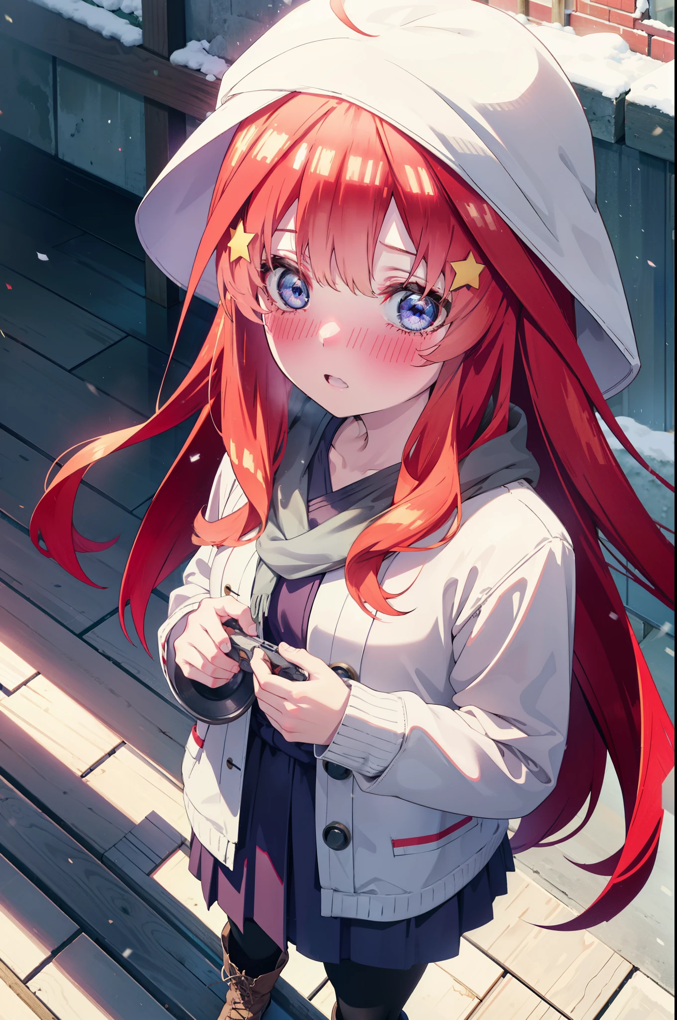 itsukinakano, Itsuki Nakano, bangs, blue eyes, Hair between the eyes, Ahoge, Redhead, star \(symbol\), hair ornaments, star hair ornaments,blush, Open your mouth,white breath,scarf,Headphones around the neck,Knitted hat,Blue long coat,V-neck sweater,Long skirt,Black Pantyhose,short boots,Fluffy gloves,Standing leaning against a wall,Snow is piling up,that&#39;it&#39;s snowing,whole bodyがイラスト入るように,Hiding in a roofed building,
break outdoors, construction area,
break looking at viewer, whole body,
break (masterpiece:1.2), Highest quality, High resolution, unity 8k wallpaper, (shape:0.8), (Beautiful attention to detail:1.6), Highly detailed face, Perfect lighting, Extremely detailed CG, (Perfect hands, Perfect Anatomy),