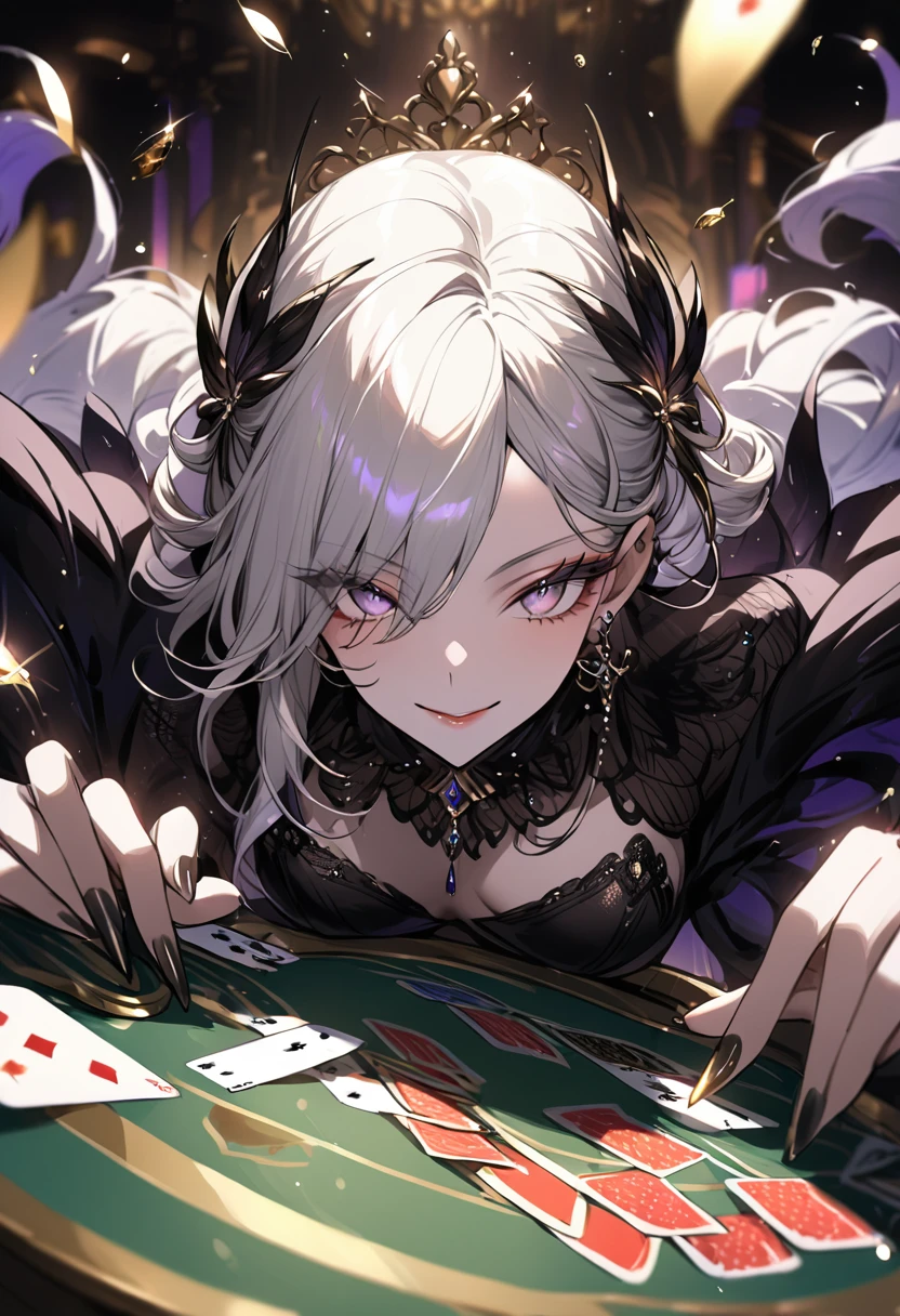 luxurious casino, elegant, opulent, card table, female croupier dealing cards, close up, seductive smile, facing the viewer, champagne, decadent atmosphere