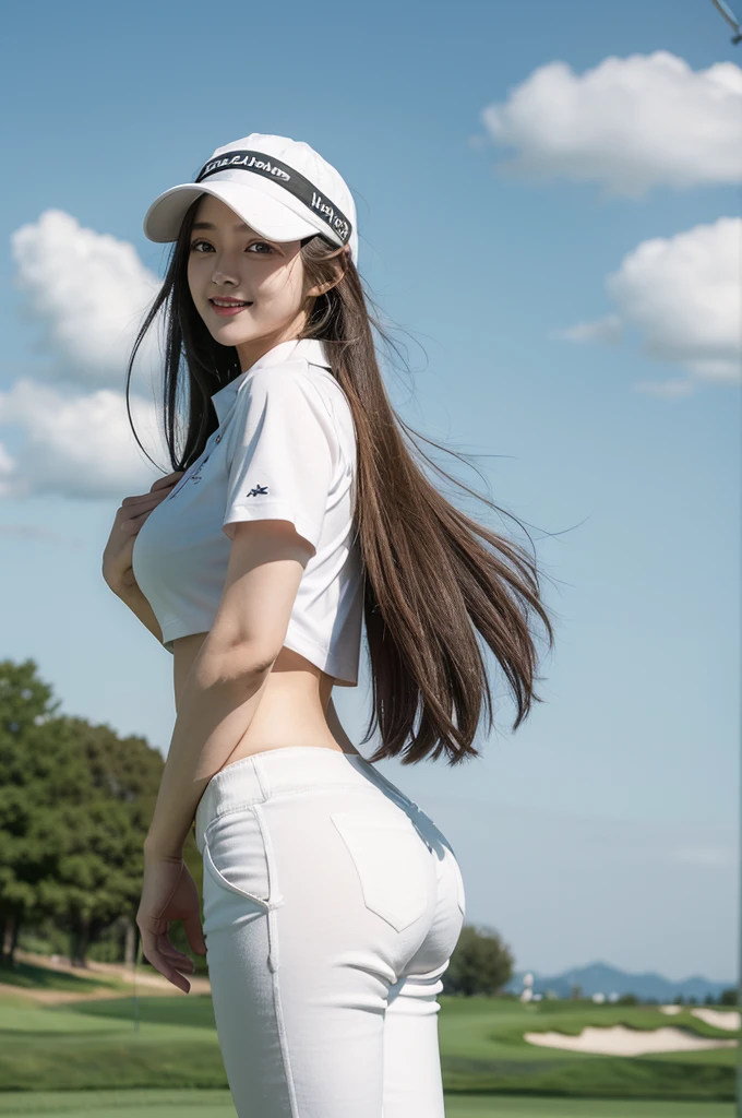 (masterpiece, best quality:1.4), 골프선수full body photo, 1 woman, alone,full body photo,standing, sticking out butt, long hair blowing in the wind, laugh, smile (big bust,:1.4), (big ass,1.4), watermelon sized breasts, butt as big as your head, Tight polyester long pants, Tight short sleeve collar tie, polyester t-shirt, sports wear, golf course, realistic, dynamic, back, full body photo, Golf Cap, sun visor, Natural gaze, Natural pupils, camera gaze