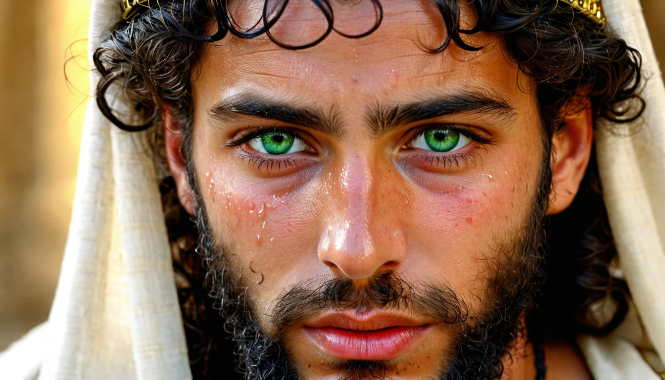 a  portrait of An ancient young Hebrew king
 with a tears rolling down his cheek. beautiful green eyes, 