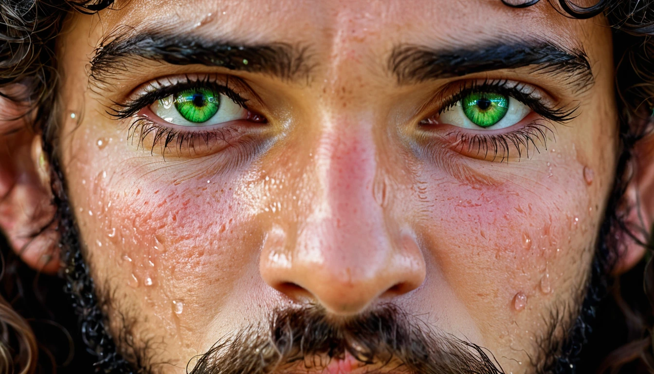 a portrait of An ancient young Hebrew king
with a tears rolling down his cheek. beautiful green eyes,