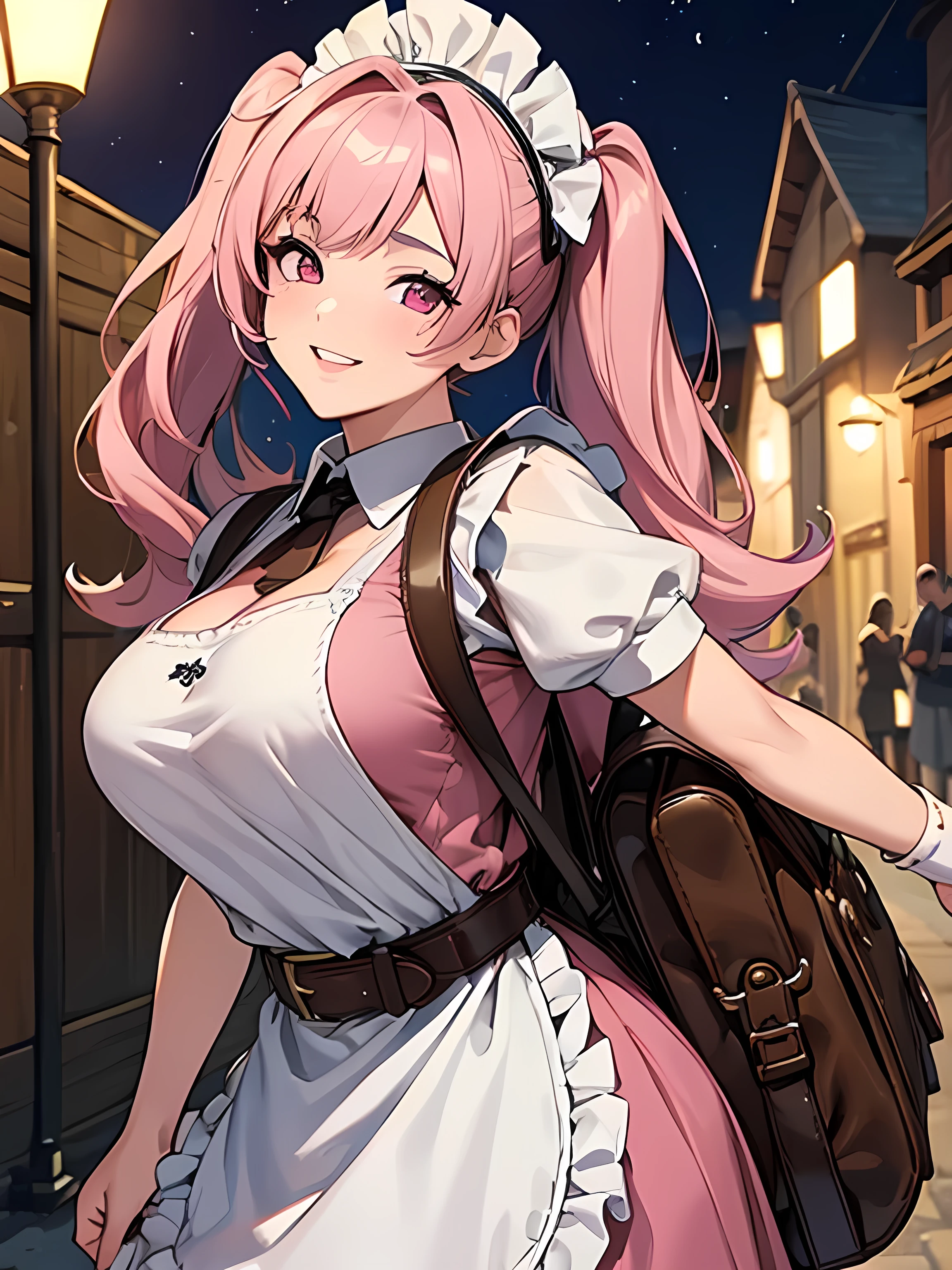 (Super detailed:1.3), ((((best quality)))), ((masterpiece)), female focus, (solo), detailed face, detailed eyes, detailed lips,medieval streets background,(nighttime),moon,Pink Hair,(cute face:1.2),Pink Eyes,Twin tails,big Breasts,(apron),(laughing),smiling,big hair,2 arms,2 hands,medieval maid,almond-shaped eyes,(teenager),close-up shot,(large brown backpack:1.4),belt with potions, utility belt,highly detailed hands