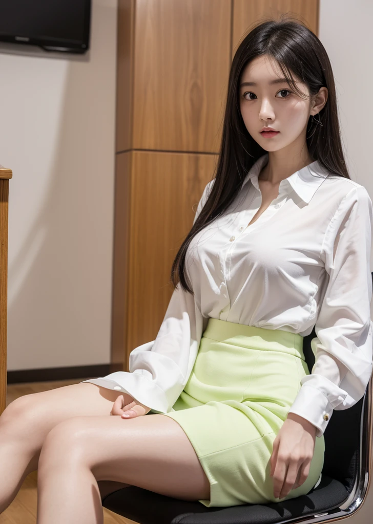 Diffuse lighting、 Highest quality, High resolution, unity 8k wallpaper、Supersaturation, Japanese、1 female、23age、office、White blouse、conference room、Taking an exam、Test conducted while sitting in a chair、Mini tight skirt、Mini length、Serious expression、