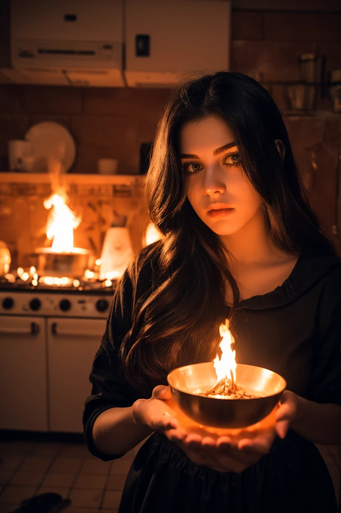 a very fat emo girl 2007,Russian communal kitchen fire show,poi like a fakir,first person perspective,realistic photograph,detailed eyes,detailed lips,extremely detailed face,long eyelashes,dramatic emotional expression,messy dark hair,pale skin,black clothing,heavy makeup,fire poi performance,bright flames,kitchen appliances and furniture,dim lighting,moody atmosphere,high contrast,vivid colors,cinematic composition,(best quality,8k,highres,masterpiece:1.2),ultra-detailed,(realistic,photorealistic,photo-realistic:1.37)