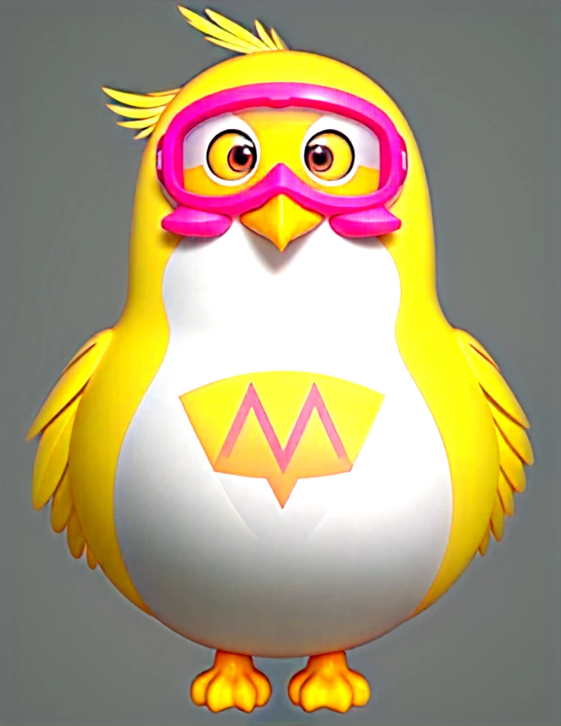 (masterpiece), (best quality), (Extremely detailed), (whole body:1.2), A cute cartoon bird with pink goggles and a white Y-shaped mask, with a yellow body, yellow feet and a large W in the centre of the chest. The design is simple, with yellow and white fur, and the front view shows the bird in a centred composition against a solid colour background, in high definition and high resolution,