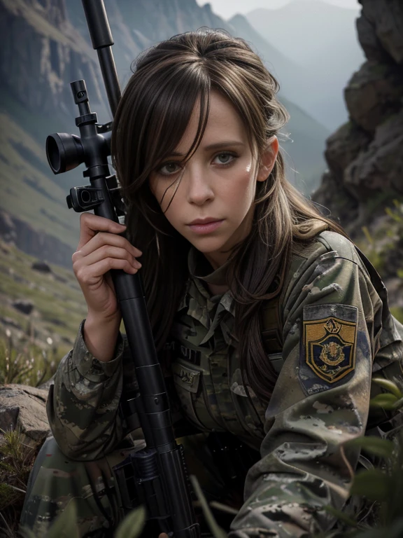 a highly detailed portrait of Jennifer Love Hewitt as a sniper, beautiful detailed eyes, beautiful detailed lips, extremely detailed eyes and face, long eyelashes, military uniform, scoped rifle, camouflage face paint, crouching in a sniper position, rocky mountain terrain, moody dramatic lighting, cinematic composition, photorealistic, 8k, hyper detailed