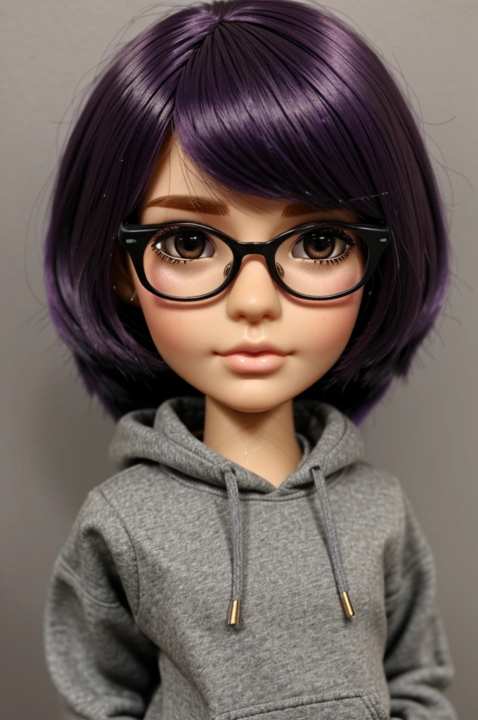 create a blythedoll with dark purple hair, glasses, brown eyes, light skin and a gray sweatshirt with a mole on the left eye
