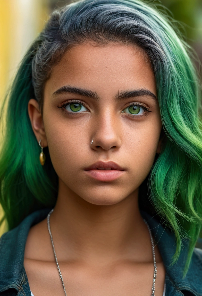A photorealistic portrait of an 18-year-old Brazilian girles confidently into the distance with striking green hair, piercing green eyes, and a, fashionable outfit. The image should be a close-up shot, focusing on her unique features, 8k hdr, high detailed, with subtle hints of her Brazilian heritage incorporated in the background.