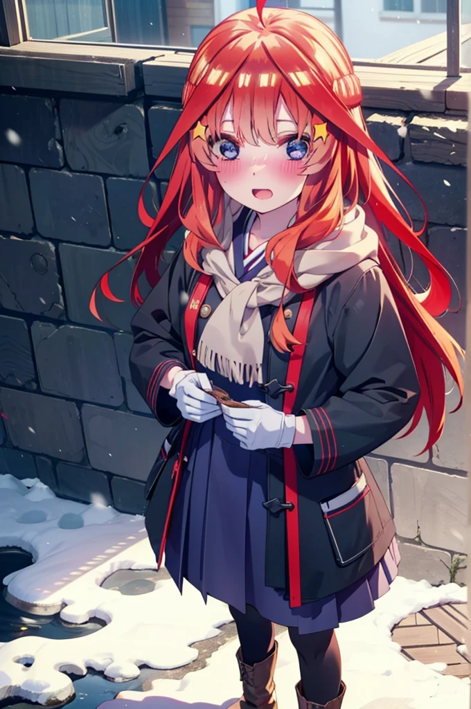 itsukinakano, Itsuki Nakano, bangs, blue eyes, Hair between the eyes, Ahoge, Redhead, star \(symbol\), hair ornaments, star hair ornaments,smile,blush, Open your mouth,white breath,scarf,Headphones around the neck,Knitted hat,Blue long coat,V-neck sweater,Long skirt,Black Pantyhose,short boots,Fluffy gloves,Standing leaning against a wall,Snow is piling up,that'it's snowing,whole bodyがイラスト入るように,Walking,
break outdoors, construction area,
break looking at viewer, whole body,
break (masterpiece:1.2), Highest quality, High resolution, unity 8k wallpaper, (shape:0.8), (Beautiful attention to detail:1.6), Highly detailed face, Perfect lighting, Extremely detailed CG, (Perfect hands, Perfect Anatomy),