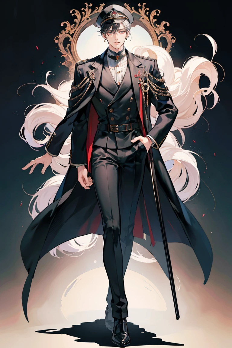 (masterpiece), best quality, seductive eyes, perfect face, handsome man, black eyes, long slicked back black hair, long nose, tan brown skin, black coat, black fitted pants, extremely tall man, long legs, long calves, full body, tall man, long legs, anime cover, ear piercings, hands in pockets, adult-like look, cafe background, a girl is in his left side, 1girl, perfect face, best quality, seductive eyes, mature woman, red eyes, long white hair, black business suit, black pants, peaked cap, big breast, tall woman, long legs, anime cover