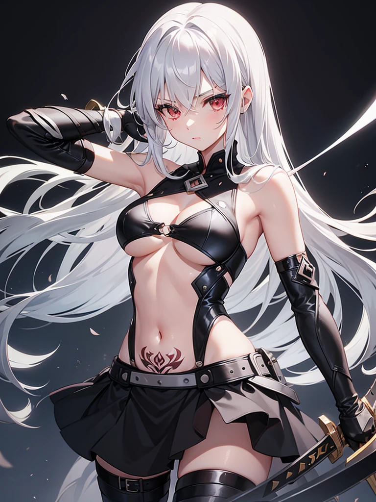 1girl, weapon, solo, holding_weapon, red_eyes, long_hair, holding, sword, gloves, hair_over_one_eye, breasts, holding_sword, navel, looking_at_viewer, armpits, tattoo, elbow_gloves, cleavage, bangs, hair_ornament, white_hair, bare_shoulders, grey_hair, black_background, black_gloves