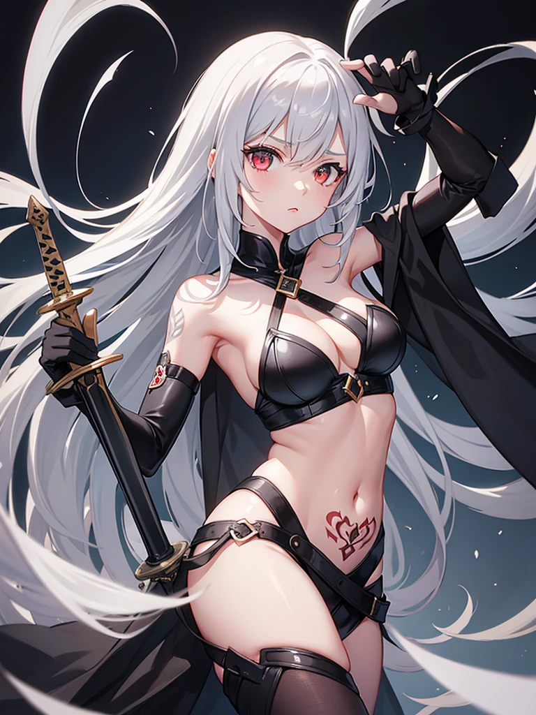 1girl, weapon, solo, holding_weapon, red_eyes, long_hair, holding, sword, gloves, hair_over_one_eye, breasts, holding_sword, navel, looking_at_viewer, armpits, tattoo, elbow_gloves, cleavage, bangs, hair_ornament, white_hair, bare_shoulders, grey_hair, black_background, black_gloves