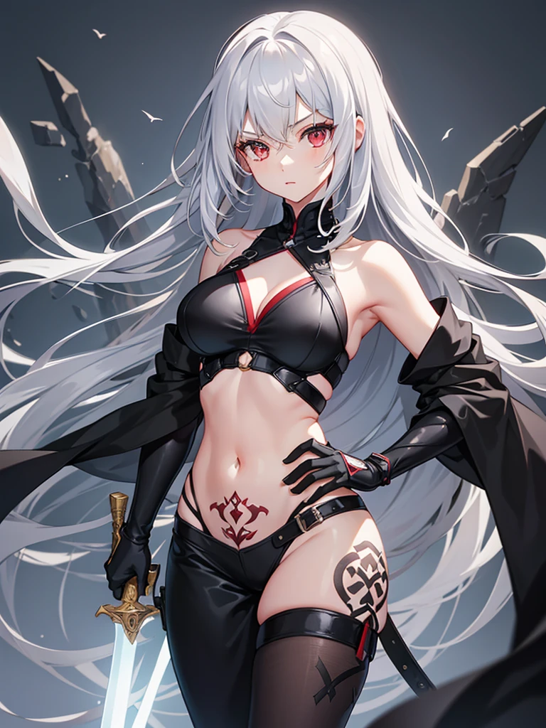 (4k quality), sexy and slim elf, torn clothes, long sexy socks, showing ass, sexy pose, detailed short white hair, detailed red eyes, best quality, expressive eyes, perfect face, with a sword