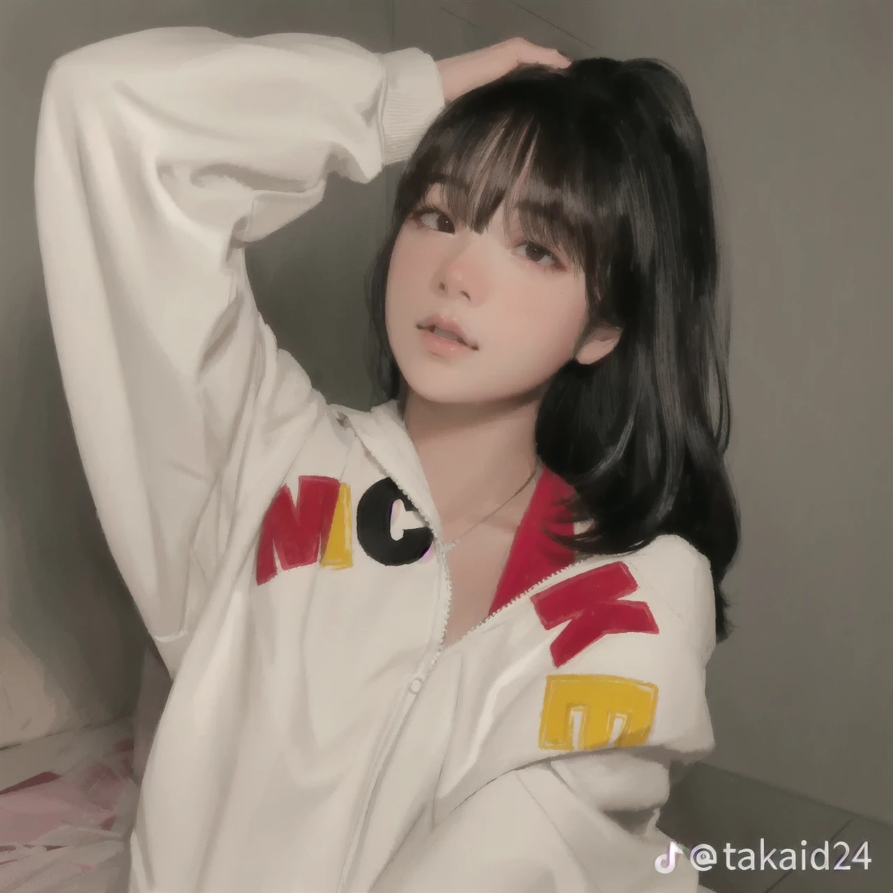 ollarbone,black t-shirt,off-shoulder look,bare shoulder,midriff peek,Denim mini skirt,open mouth,tongue out,cum on tongue,standing,Selfie,looking ahead,from above,flont view,upper body,(1girl,Beautiful 14 year old girl),((Slender,Small breasts,Small face,)),looking at viewer,Black Hair,bangs,one side up,Beautiful and detailed,Mischievous smile,Dimly lit room,Simple Background,Black background,Low lighting