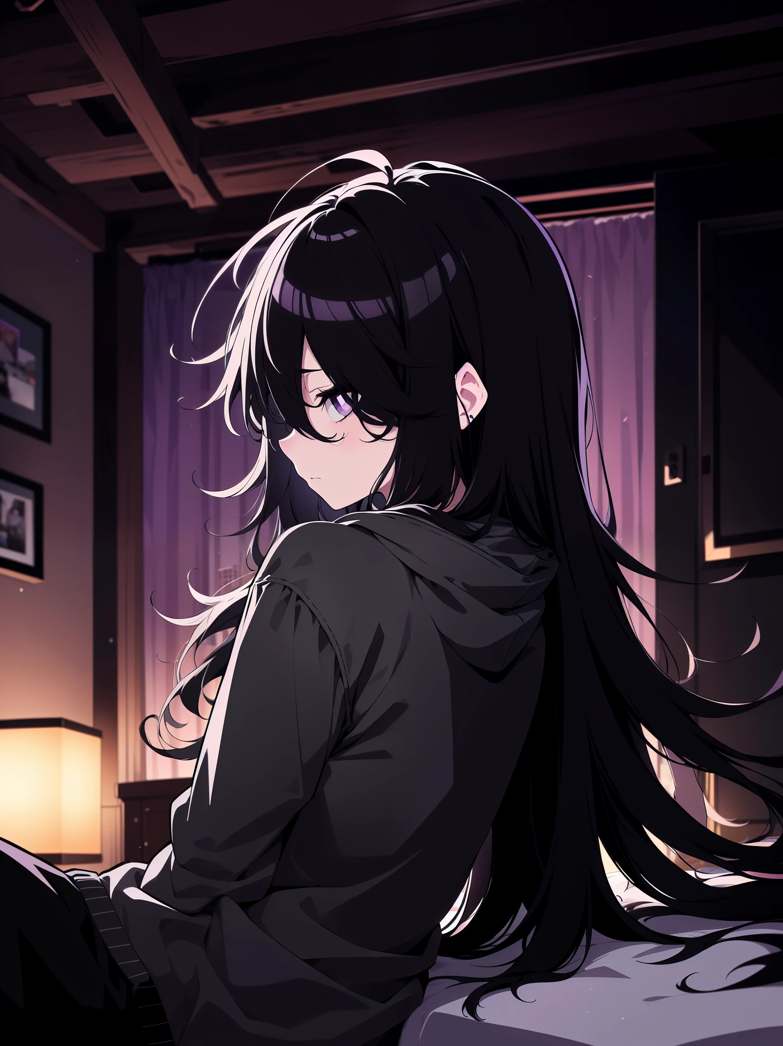 side view, colorful, (best quality, ultra-high resolution, depth of field:1.2), 1woman, (gothic), black hair, (long black hair), messy hair, hair over one eye, purple eyes, cozy sweater, hoodie, black soggy pants, (dimly lit room:1.2), melancholic expression, (somber atmosphere:1.3), sitting on a bed