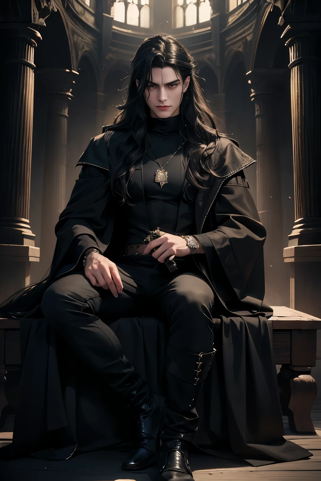 ((Best quality)), ((masterpiece)), 8k (detailed), ((perfect face)), perfect proporcions, ((halfbody)) he is a sorcerer, he is 18 years old, he dresses in a wizard's robe, gothic style, he has orange eyes, he has long wavy black hair, he is in a witcher's hut, he is strong and muscular, he has the bare torso, he is a demon ((perfect face)) sexy male, gothic make up ((fullfbody)) two man, whithe hair 