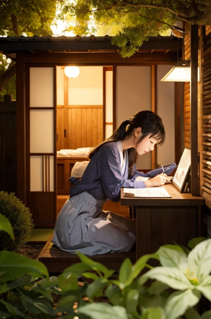 Japanese-style house　Girl reading at desk　Cozy space　　Summer night garden outside the window　Bookshelf　coffee　Watercolor style
