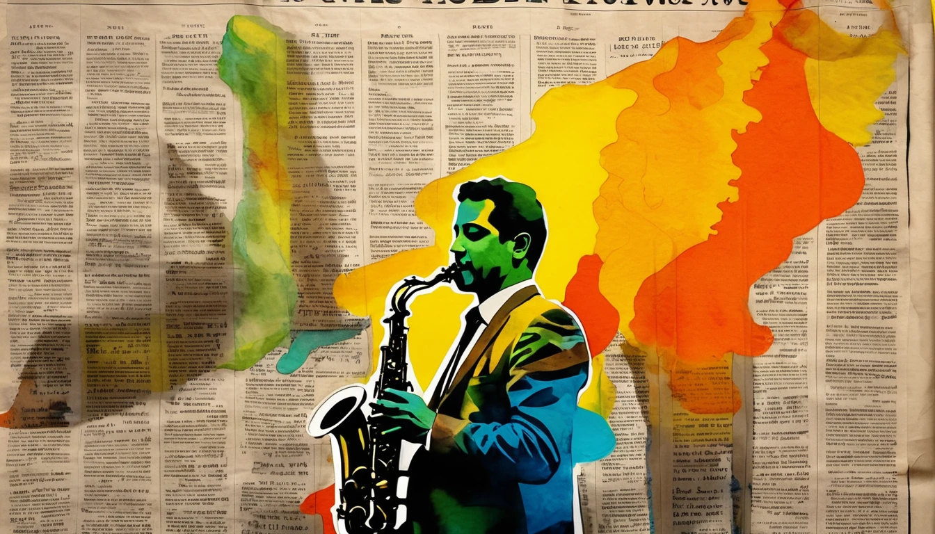 (Ink on newspaper in the style of Louis Jober:1.5), Tenor saxophone player、Naples, Vesuvius, Imagine an artistic movement in which portraits vividly express the inner thoughts and feelings of their subjects.。, Changing patterns of color and light