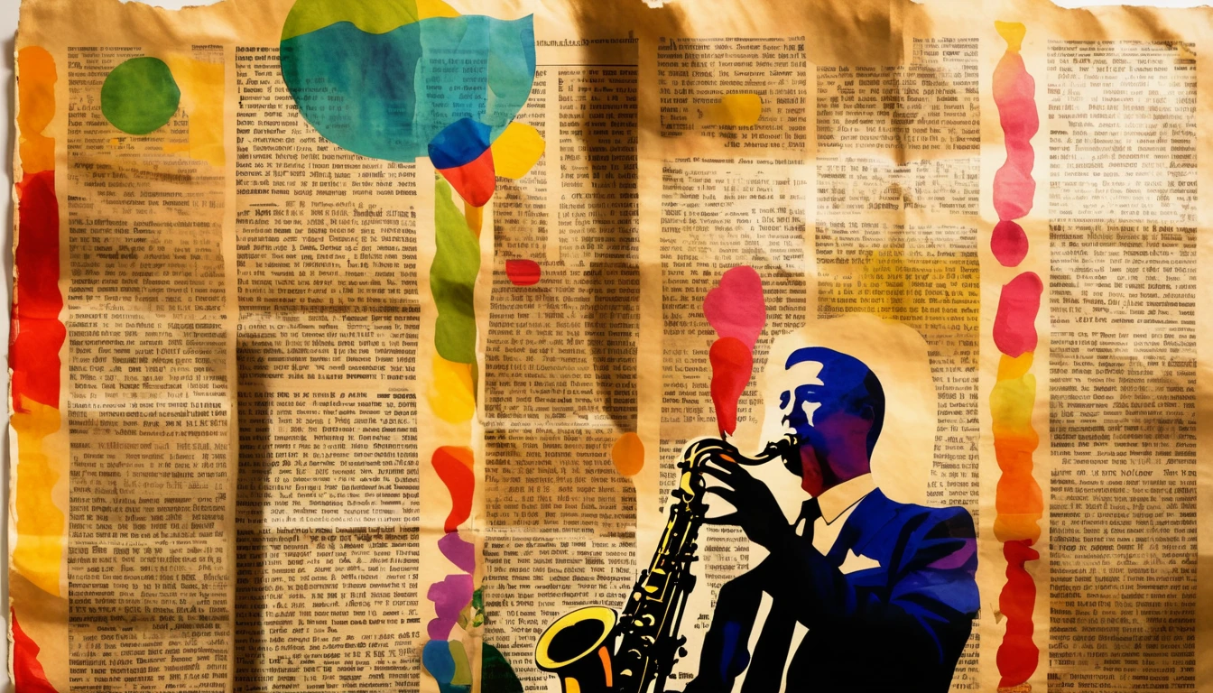 (Ink on newspaper in the style of Louis Jober:1.5), Tenor saxophone player、Naples, Vesuvius, Imagine an artistic movement in which portraits vividly express the inner thoughts and feelings of their subjects.。, Changing patterns of color and light
