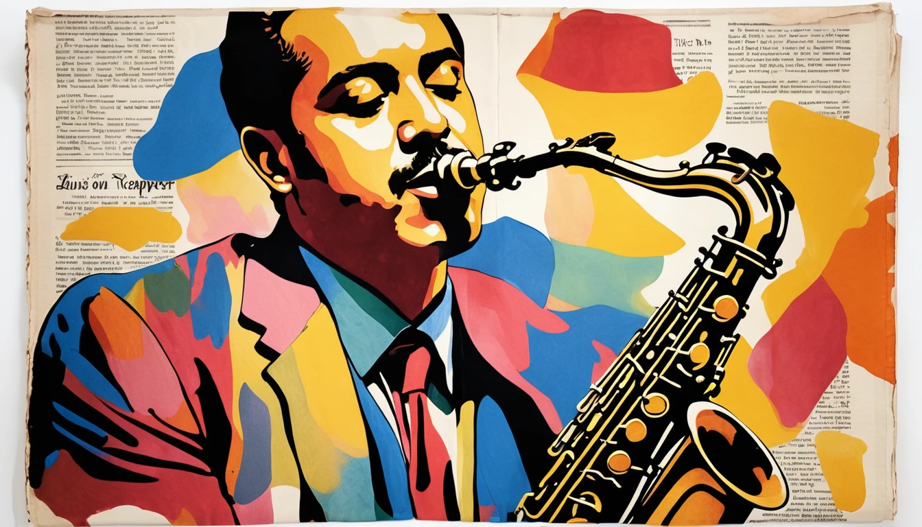 (Ink on newspaper in the style of Louis Jober:1.5), Tenor saxophone player、Naples, Vesuvius, Imagine an artistic movement in which portraits vividly express the inner thoughts and feelings of their subjects.。, Changing patterns of color and light