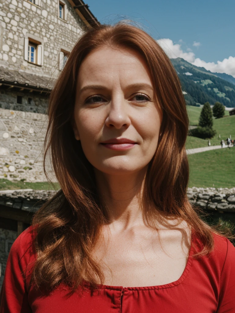 Emily Richardson, 1girl, solo, (((consistent face and image))), realistic, photorealistic, (red cranky hair), (((Caucasian mature woman))), (Swiss woman), (Swiss nose), (Swiss thick lips), posing outside the Picturesque island commune with stunning medieval architecture