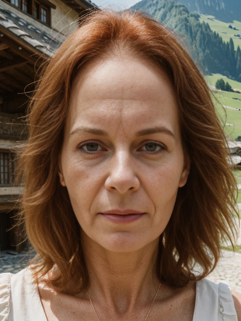 Emily Richardson, 1girl, solo, (((consistent face and image))), realistic, photorealistic, (red cranky hair), (((Caucasian mature woman))), (Swiss woman), (Swiss nose), (Swiss thick lips), posing outside the Picturesque island commune with stunning medieval architecture