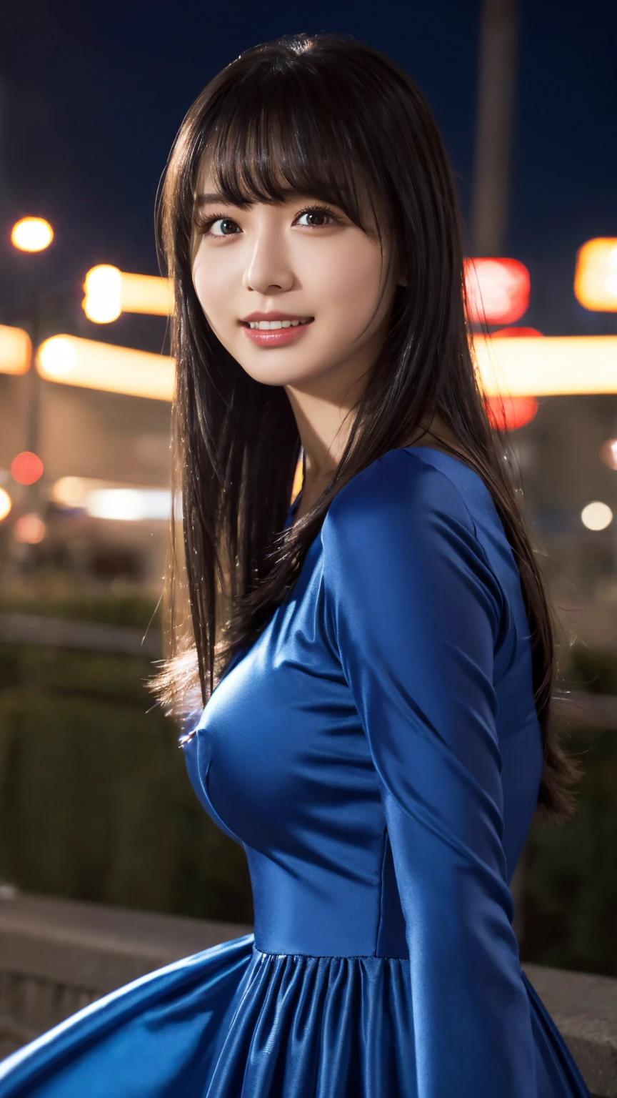 1girl,(wearing a blue evening dress:1.2),(RAW photo, best quality), (realistic, photo-realistic:1.4), masterpiece, an extremely delicate and beautiful, extremely detailed, 2k wallpaper, Amazing, finely detail, extremely detailed CG unity 8k wallpaper, ultra-detailed, highres, soft light, beautiful detailed girl, extremely detailed eyes and face, beautiful detailed nose, beautiful detailed eyes,cinematic lighting,city lights at night,perfect anatomy,slender body,light smile,close up,(long hair with bangs), big breast