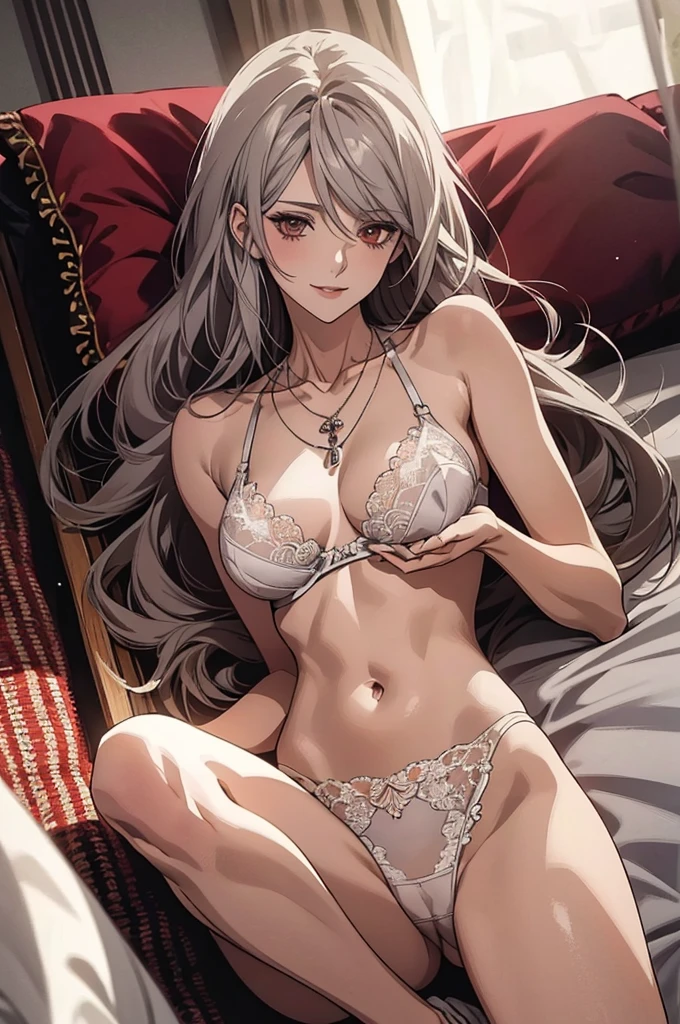 (Highest quality, High resolution, Very detailed), Silver Hair, Long Hair, Reddish brown eyes, lace thong bra, NUDE, Large Breasts, lie on own back, overhead shot, necklace, 24th generation, Beautiful woman, mature, quiet, Calm, A small smile, bed,