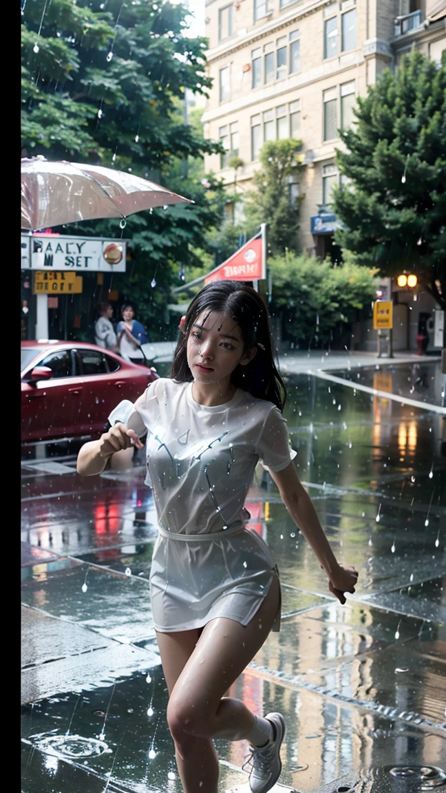 8k、Tabletop、RAW Photos、Highest quality、Real、非常に詳細なCG Unity 8k壁紙、Depth of written border、Cinematic Light、Lens flare、Ray Tracing、(((Rain Street Corner:1.5))),(((Daytime))),(((The car is running:1.5))),