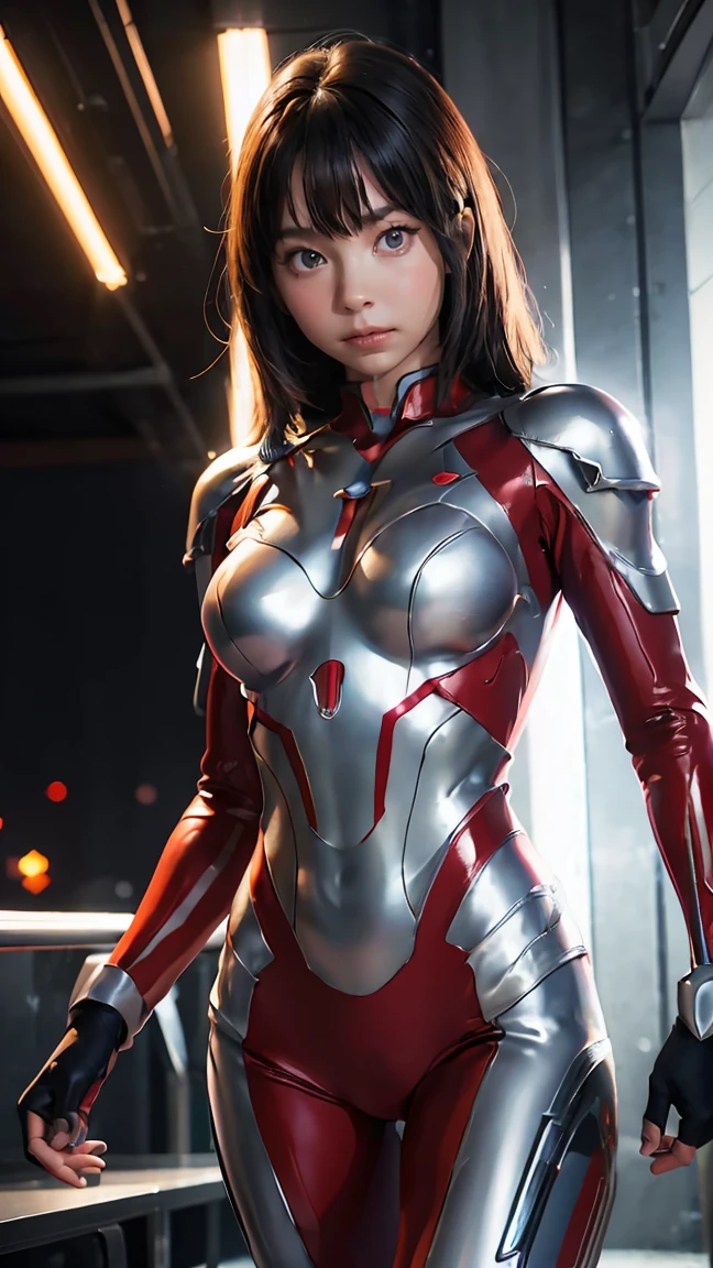 Ultraman、realistic、realistic、cinematic lighting, Girl in a shiny red and silver suit、、professional photos、Don&#39;Do not expose your skin, japanese model, japanese cgi、Ultraman Suit、, Power Rangers Suit、tight and thin cyber suit,Whole body rubbery、There&#39;s pink There、 delicate body, big breasts、small ass、thin thighs、thin arms、thin waist、camel toe、Both sides of the cyber suit stick to the skin、Big eyes、black short hair、facing the front、facing the front立っている、A glowing sphere is embedded in the chest.、Essay Examination、 blue sky background