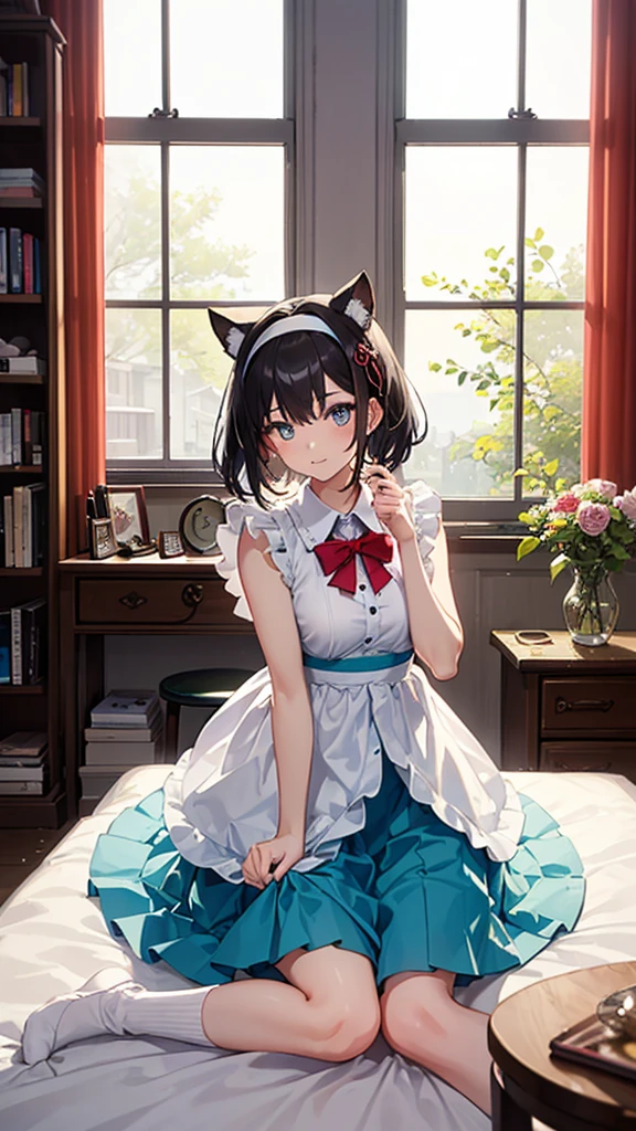 (masterpiece, best quality:1.3), 1 girl, 独奏, teenager,(top quality eyes:1.3),18 year old girl、Idol-style in your own home。A girl wearing a sparkly top and a fluffy tulle skirt。Wear a ribbon hair band、Wearing colorful socks。In the background there is a bookshelf and a window.、The outside view can be seen from the window。The room has a dressing table and a bed.、A girl is posing in front of it
