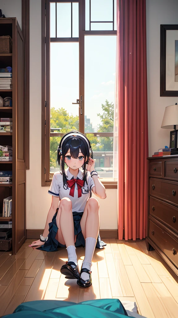 (masterpiece, best quality:1.3), 1 girl, 独奏, teenager,(top quality eyes:1.3),18 year old girl、Idol-style in your own home。A girl wearing a sparkly top and a fluffy tulle skirt。Wear a ribbon hair band、Wearing colorful socks。In the background there is a bookshelf and a window.、The outside view can be seen from the window。The room has a dressing table and a bed.、A girl is posing in front of it